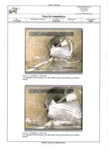 Fotografier fra en inspeksjon av et rør, som viser en 'nøe' som sitter fast. Bildet er dokumentasjon fra en inspeksjon utført av Spikkestad Rørneveien.