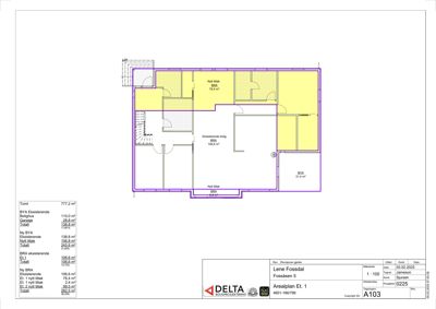 Etasjeplan (Arealplan Et. 1) som viser romfordeling, arealer (BRA, BBR, nytt tiltak) og endringer i en bygning.