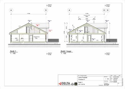 Snittegning (Snitt 1) som viser tverrsnitt gjennom et hus med mål, høyder og konstruksjonsdetaljer.