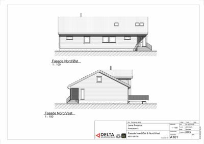 Fasadetegning som viser bygningens utseende fra Nord/Øst og Nord/Vest.