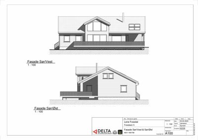 Tegning som viser fasadeoppsett for en bygning sett fra sør/vest og sør/øst.