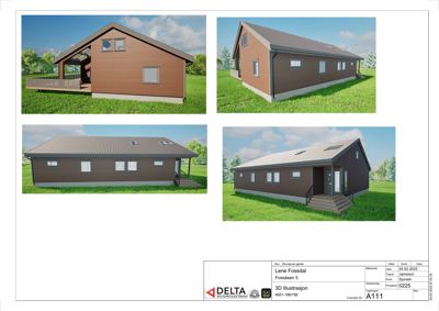 3D-visualiseringer (renderinger) av en planlagt bygning sett fra ulike vinkler.