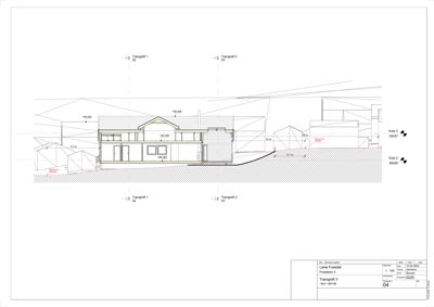 Snittegning som viser bygningens tverrsnitt, høyder, takform og forhold til terrenget.