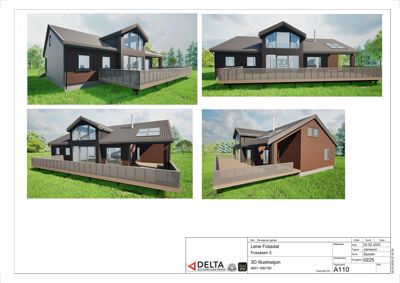 3D-visualisering av en villa sett fra fire ulike vinkler (perspektivtegninger).