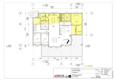 Etasjeplan (Plantegning Et.1) som viser romfordeling, dimensjoner og endringer i et hus.
