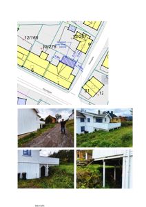 En samling av fire fotografier som viser eksisterende hus, en sti og omgivelser.