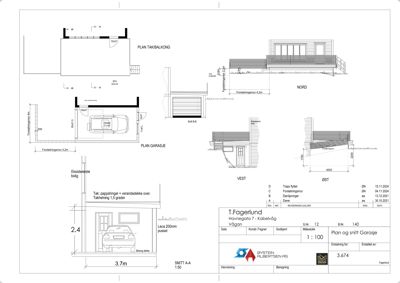 Tegning som viser plan for takbalkong, garasje og snitt A-A av en garasje.