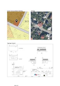 Bildet viser en situasjonsplan (Kommunedelplan) med ortofoto og detaljtegninger for en carport.
