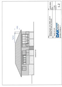 Fasadetegning (opprikk) av en bygning sett fra vest, med angitte mål for takhøyde og terrassetillegg.