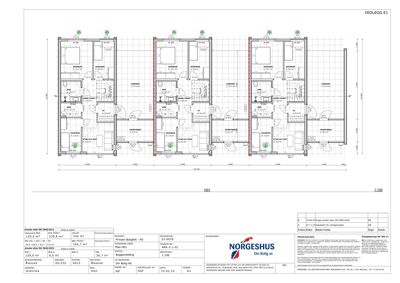 Etasjeplan (H01) som viser romfordeling, mål og areal for en boligblokk.