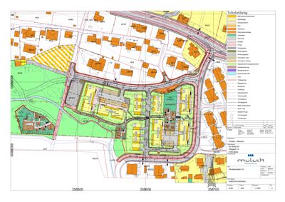 Situasjonsplan som viser tomtens beliggenhet, omgivende bebyggelse, vegnett og arealbruk med en detaljert teiknforklaring.