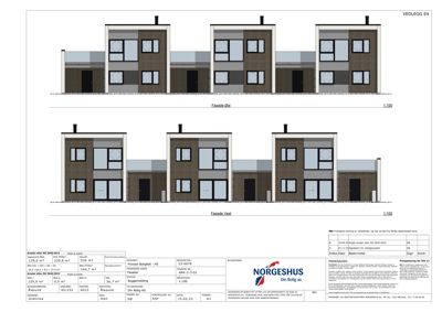 Tegning som viser fasadeoppsett for en bygning sett fra øst og vest.