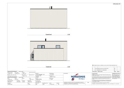 Fasadetegning som viser bygningens utseende fra nord og sør.