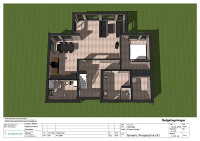 Salgstegning (3D-visualisering) av et hus sett fra oven (top-down view), som viser romfordeling, møblering og innredning.