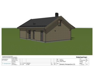 3D-visualisering (salgstegning) av en hytte sett fra en vinkel som viser fasade og deler av siden.