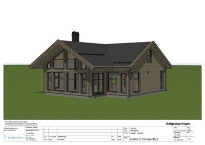 3D-visualisering (salgstegning) av en hytte sett fra en vinkel som viser fasade og takform.