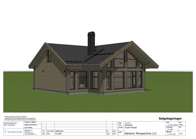 3D-visualisering (salgstegning) av en hytte sett fra en vinkel som viser både fasade og deler av siden.