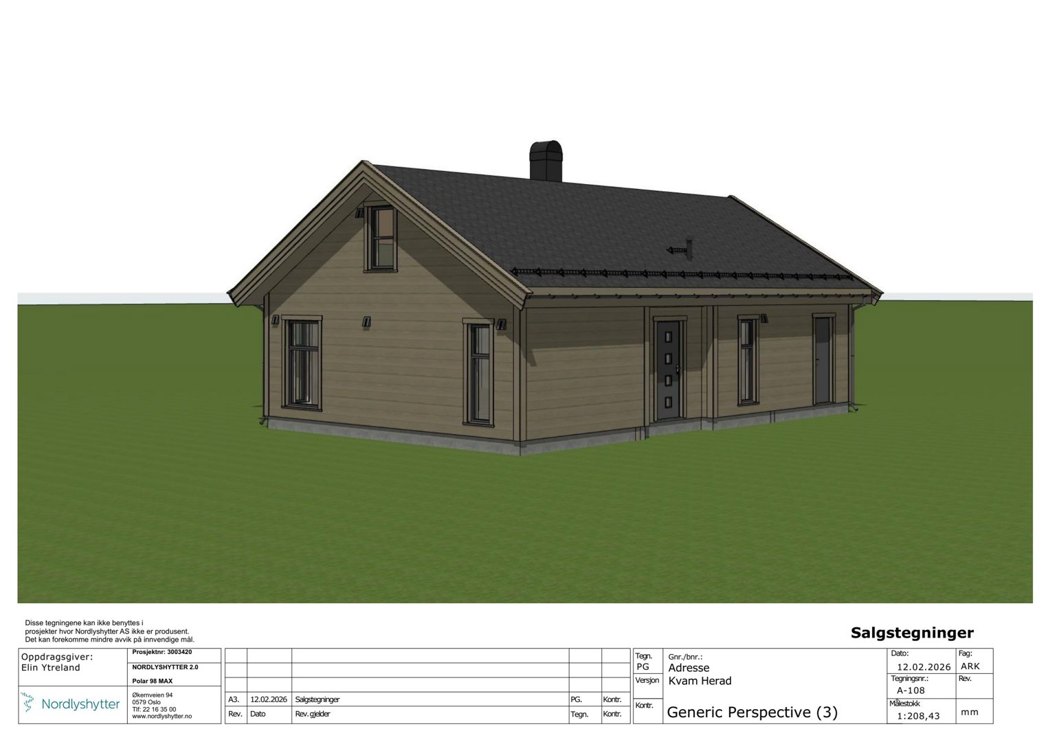 3D-visualisering (rendering) av en hytte sett fra en vinkel som viser både fasade og tak.