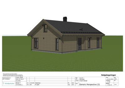 3D-visualisering (rendering) av en hytte sett fra en vinkel som viser både fasade og tak.