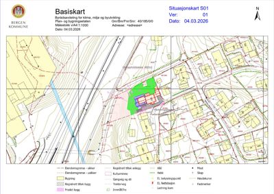 Situasjonskart som viser tomtens beliggenhet, nabolag, infrastruktur og planlagt tiltak.
