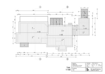 Etasjeplan (TAK) med romfordeling, dimensjoner og konstruksjonsdetaljer.