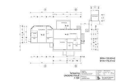 Plantegning av underetasjen med romfordeling, mål og utskriftsopplysninger.