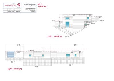 Fasadetegning som viser oppriss av bygningens sørfasade og vestfasade med mål og detaljer.