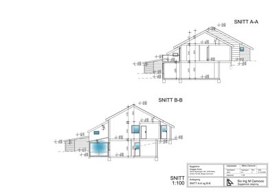 Snittegning (SNITT A-A og SNITT B-B) som viser tverrsnitt gjennom bygningen med mål og konstruksjonsdetaljer.