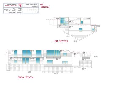Fasadetegning som viser oppriss av bygningens nord- og østside med detaljer om vinduer, dører og takform.
