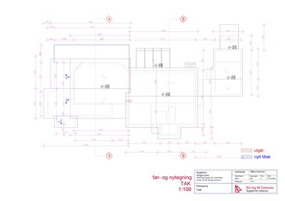 Tegning som viser før- og nytt tiltak for taket (TAK) med dimensjoner og endringer.