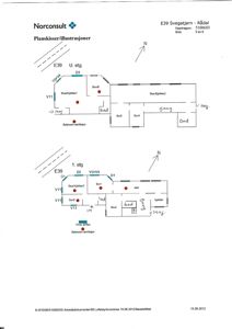 Plantegning som viser romfordeling for 1. etasje og U. etasje (underetasje) i en bygning.