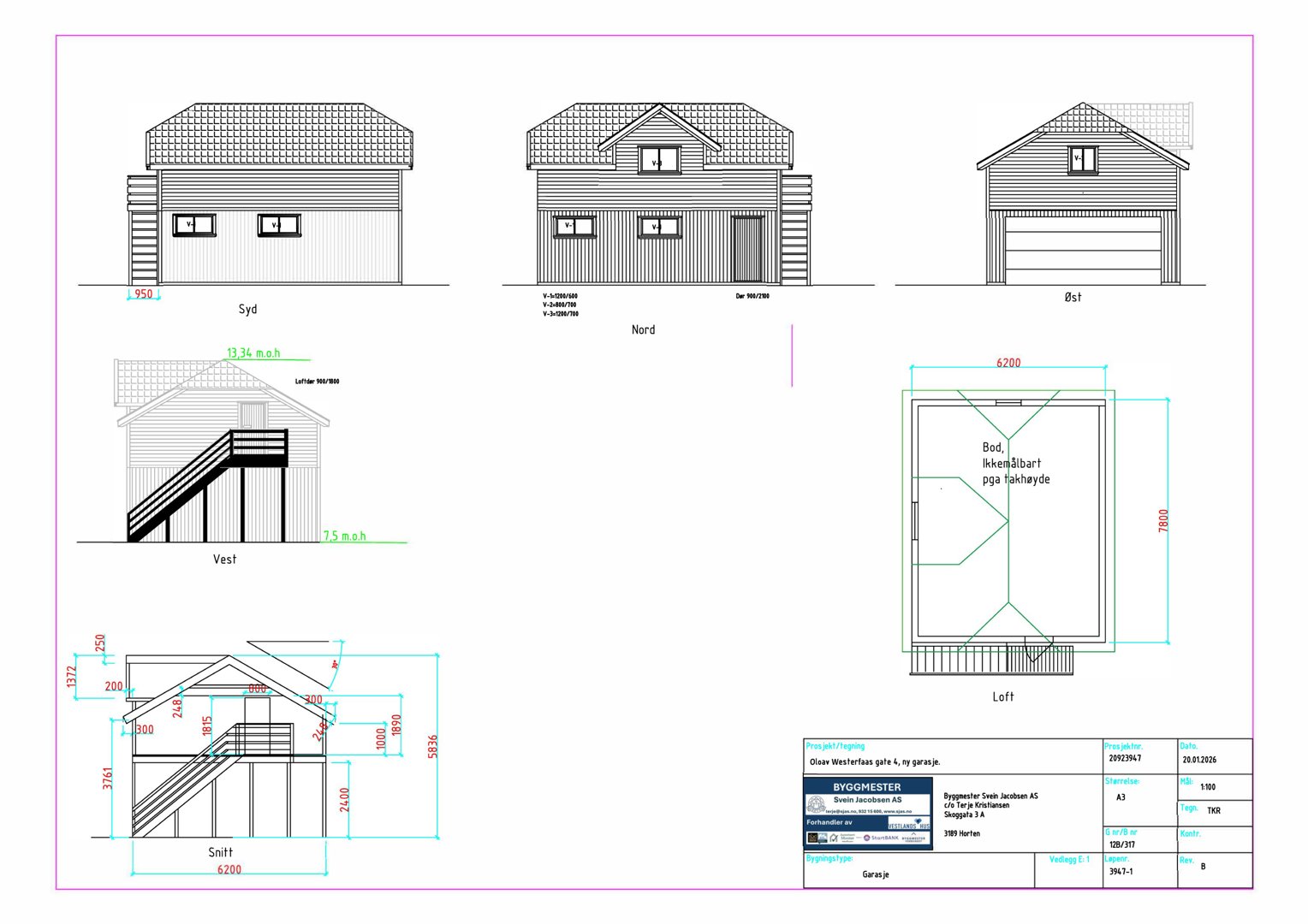 Fasadetegning som viser bygningens utseende fra fire sider (Syd, Nord, Øst, Vest) samt et snitt (Snitt) med mål og romfordeling.