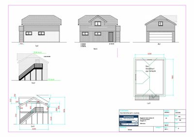 Fasadetegning som viser bygningens utseende fra fire sider (Syd, Nord, Øst, Vest) samt et snitt (Snitt) med mål og romfordeling.