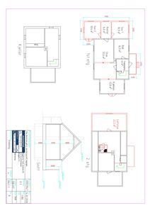 En tegning som viser romfordeling og etasjer for en bolig, inkludert kjeller, 1. etasje, 2. etasje og et snitt.