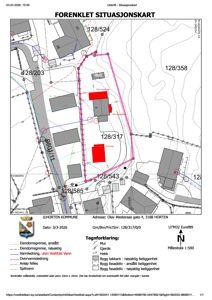 Forenklet situasjonskart som viser eiendomsgrenser, vannledninger og bygningsplasseringer for Olav Westeraas gate 4.