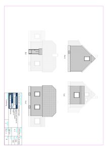 Fasadetegning som viser bygningens utsyn fra fire sider: Nord, Sør, Øst og Vest.