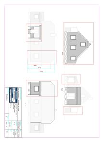 Fasadetegning som viser oppriss av bygningens front sett fra Nord og Vest, inkludert mål og detaljer.