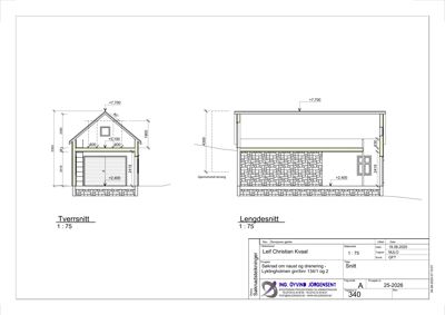 Bildet viser to snittegninger (tverrsnitt og lengdesnitt) av en garasje, med mål og konstruksjonsdetaljer.