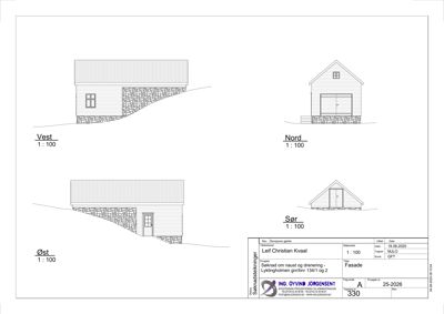 Fasadetegning som viser bygningens utseende fra fire sider (Vest, Nord, Øst og Sør) med skråning og detaljer som vinduer, dører og materialer.