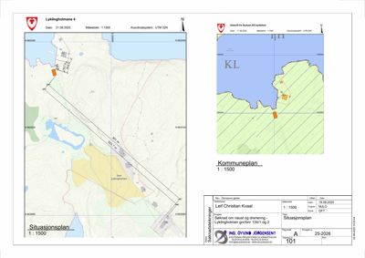 Situasjonsplan som viser tomtens plassering i forhold til nabolag, veger og vannareal.