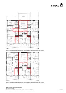 Bildet viser to etasjeplaner (plan 2 og plan 3) med romfordeling og uthevet bjelkelag i rødt.