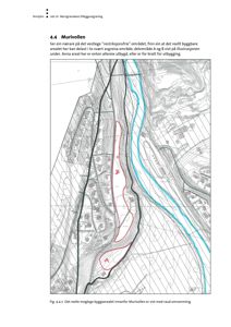 Situasjonsplan som viser topografi (konturlinjer), ei elv, vegnett og ei markert byggeareal (Murivollen) med delområde A og B.