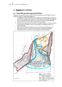 Situasjonsplan som viser byggegrunnen i Valdals sentrum med overlagte farerområder (rasfare, flom, rulleminne, masseuttak) og restareal.