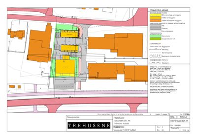 Situasjonsplan som viser tomtens beliggenhet, nabobebyggelse, vegforhold og arealdata for en byggesak.