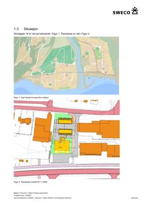 Bildet viser en situasjonsplan med to deler: øverst et kartutsnitt fra Finn.no som viser området, og nederst en tegnet planskisse med fargekodet arealbruk og bygningssilhuetter.