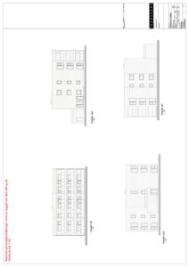 Fasadetegning som viser bygningens utseende fra fire ulike sider (vest, øst, sør og nord).