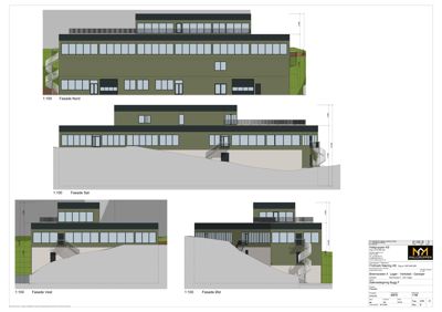 Bildet viser fasadetegninger for en bygning, inkludert utsnitt av Nord, Sør, Vest og Øst-fasaden.