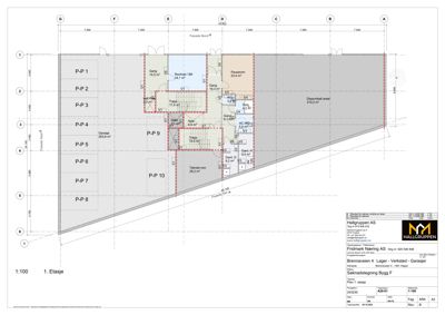 Etasjeplan (1. Etasje) som viser romfordeling, arealer og funksjoner i en bygning.