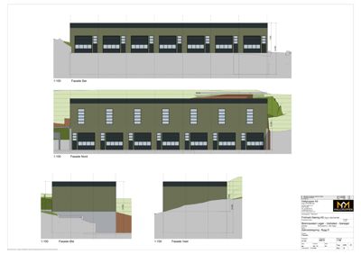 Bildet viser fasadetegninger for en bygning, inkludert oppriss av Fasad Sør, Nord, Øst og Vest.
