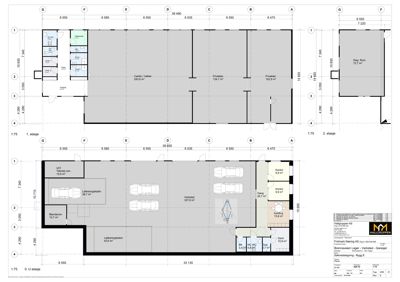 Etasjeplaner for en bygning som viser romfordeling, arealer og funksjoner på 0. U etasje, 1. etasje og 2. etasje.